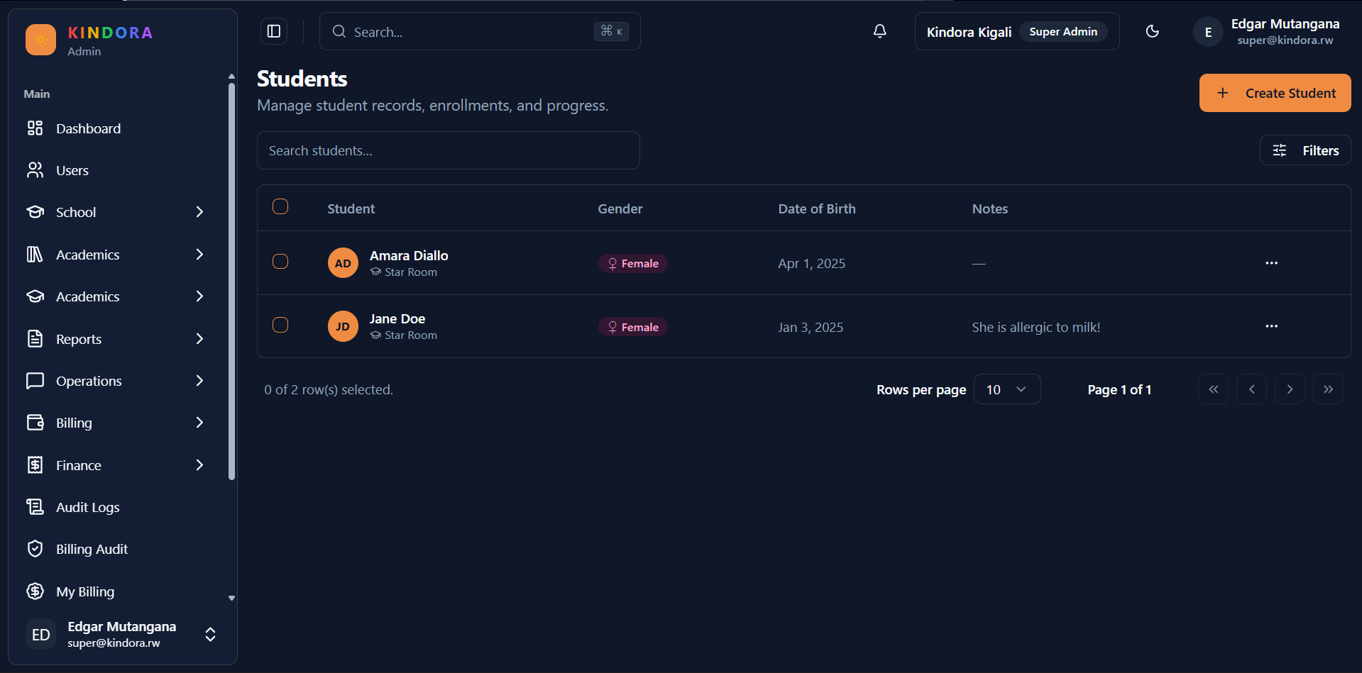 Kindora school operations dashboard preview